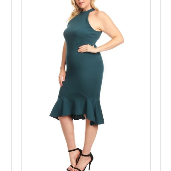 Plus Size Dark Teal High Neck Asymmetrical Dress - Picture 7 of 7